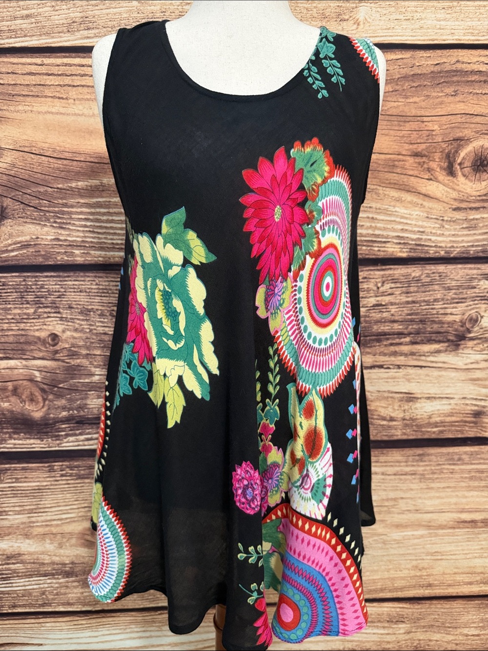 Women's Black Sleeveless Swing Tunic with Multicolor Floral Medallions